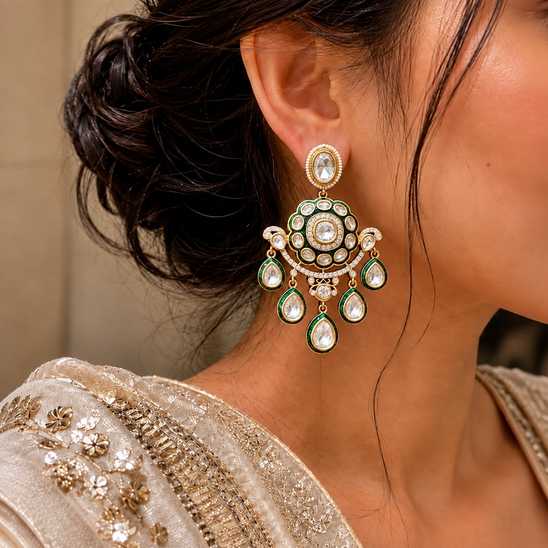 Emerald Kundan Chandbali Jhumka
